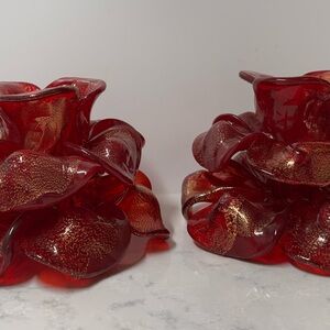 Murano Red and Gold Glass Candle Holders